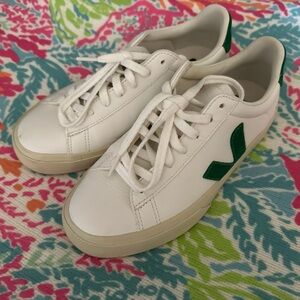 Veja White Leather Sneaker with Green Accent